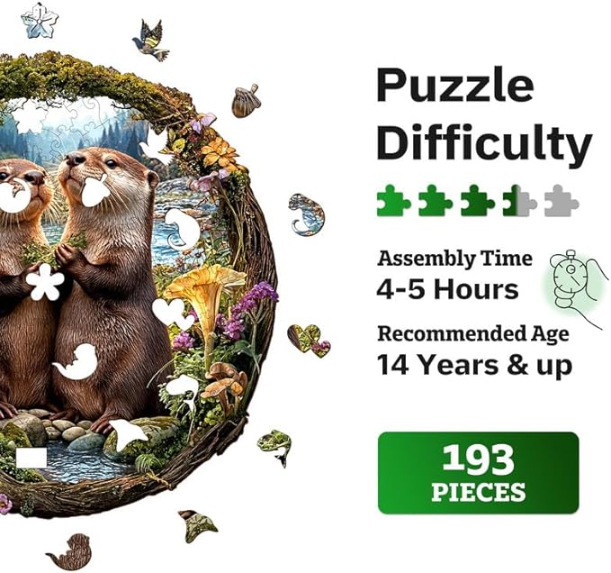 Jigfoxy Wooden Puzzles for Adults, Otter Couple Wood Puzzles Adult, Unique Animal Shape Wooden Jigsaw Puzzles for Adults, Birthday Gifts for Puzzle Lovers Family Friend (M-11 * 11.4in-193pcs)