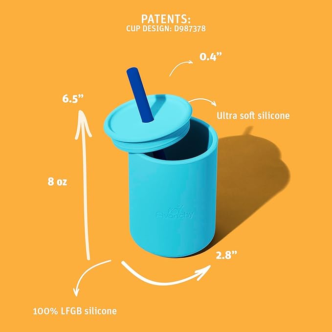 Avanchy Silicone Training Sippy Cup with Straw Lid – For Babies 6+ Months to Toddlers 1 Year Old – 8 oz Infant Water Cup for Baby Led Weaning, White + 5 Reusable Straws
