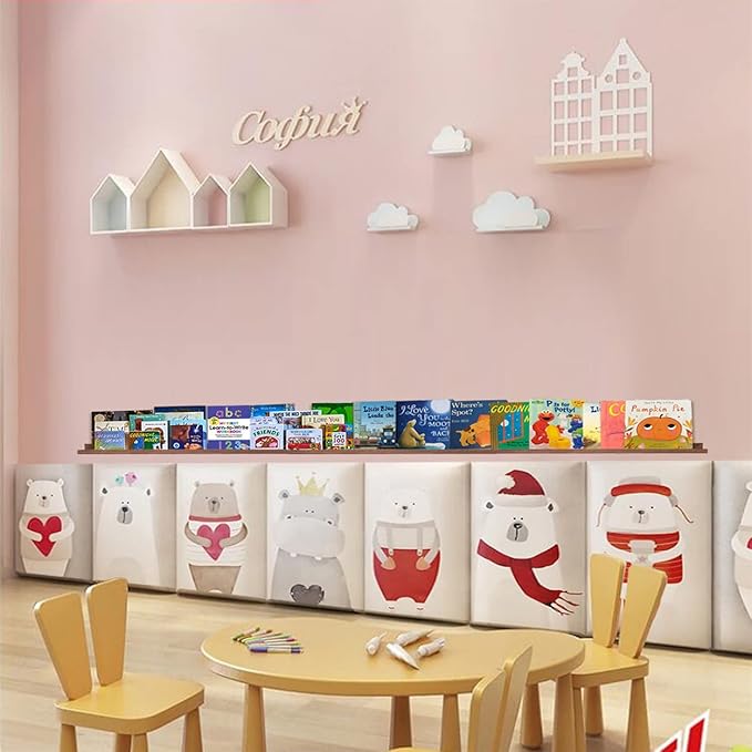 36 Inch Picture Ledge Shelf Rustic Wall Mount Light Walnut Long Narrow Picture Shelves Storage for Books Toys Music Albums Green Plants-Photo Ledge Shelf Set of 3 Mounting Hardware Include