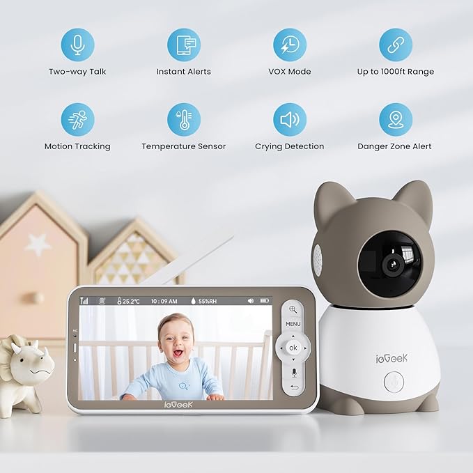 ieGeek Baby Monitor with 2K Camera and Audio - Video Monitor with 5" Screen - Night Vision, Two-Way Talk, Cry & Motion Detection, Temper& Humidity Sensor, PTZ, Remote Control via Screen and Free APP