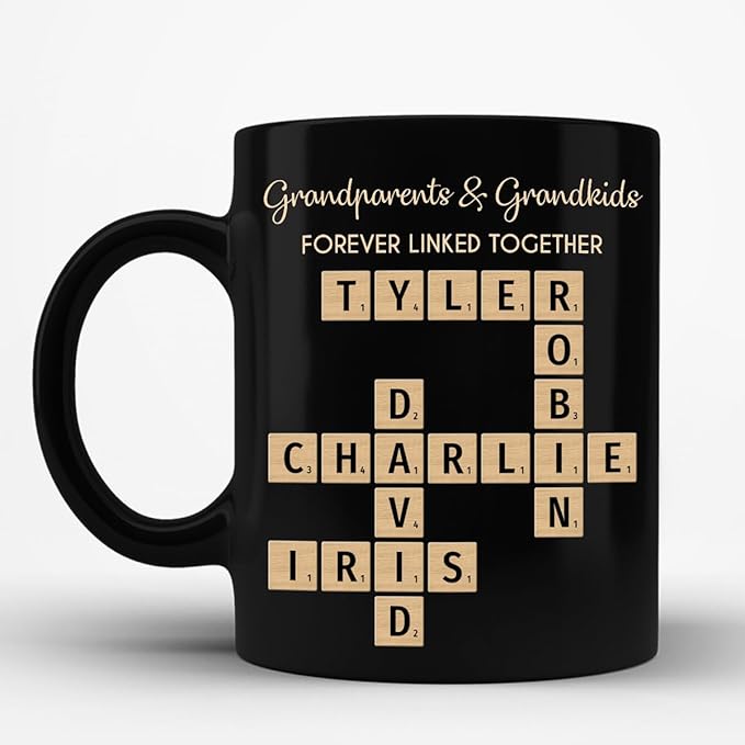 Family Forever Linked Together Custom Names Ceramic Mug, Crossword Puzzle Art, for Birthday, Anniversary or Special Occasions (Grandparents & Grandkids Forever Linked Together Black Mug)
