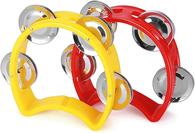 Flexzion Tambourine Hand Bell Percussion Musical Instruments Set of 2 Pack (Red /Yellow), Plastic Music Instrument Half Moon Mini D Handheld Shaker with 4 Pairs Jingle Bells