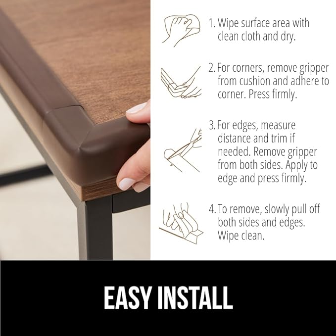 GORILLA GRIP Baby Proof Corners and Edges for Furniture, Kid Proofing Adhesive Table Corner Protectors, Heavy Duty Soft Rubber Foam Protection, Includes 8 Protective Safety Guards, 18 Feet, Brown