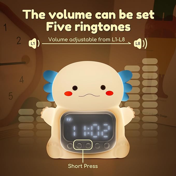 Axolotl Alarm Clock with Night Light for Kids, 7 RGB Color Cute Alarm Clocks for Bedrooms Ok to Wake Clocks, Silicone Animal Tabletop Lamp for Teen Girls Boys, White