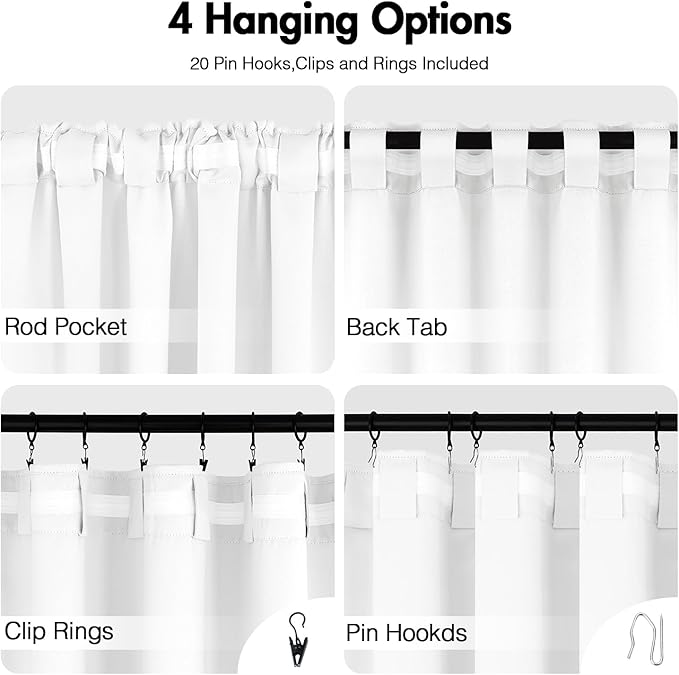 ANRODUO Back Tab Blackout Curtains for Bedroom Living Room, Rod Pocket Pinch Pleated Thermal Insulated Room Darkening Curtains 96 Inches Long 2 Panels, White, 42 x 96 Inch
