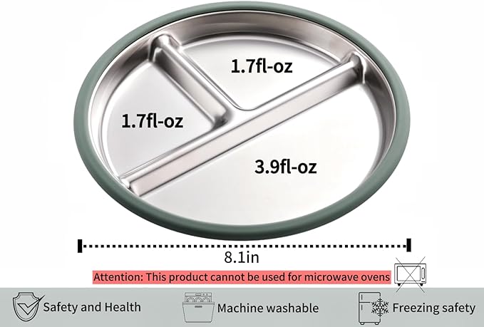 3Pack Sainless Steel Kids Plates with Suction, 8.1” Divided Toddler Baby Plates with Removable Silicone Sleeves BPA Free Non-Slip 2-in-1 Anti Breakage Metal Toddler Bowls