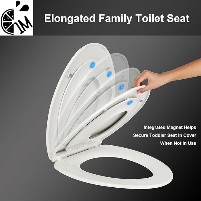 Elongated Toilet Seat with Toddler Seat Built In, Slow Close for Both Child & Adult Seats, Potty Training Seat, No Wiggle and Easy to Install, Detachable Toddler Seat for Longterm Usage, White