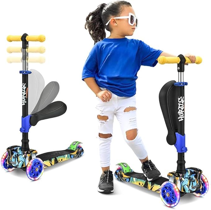 Hurtle 3-Wheeled Scooter for Kids - Wheel LED Lights, Adjustable Lean-to-Steer Handlebar, and Foldable Seat - Sit or Stand Ride with Brake for Boys and Girls Ages 1-14 Years Old