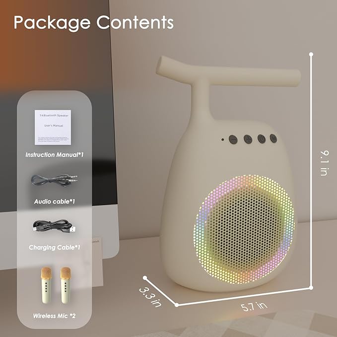 Karaoke Machine for Kids Adults Portable Bluetooth Speaker with 2 Wireless Microphones LED Lights Artistic Design 8-Hour Battery Support Family&Party Choice Fun for All Ages Gifts