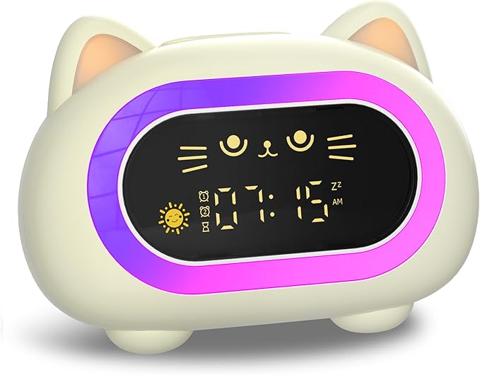 Honesorn Alarm Clock for Kids, Ok to Wake Clock for Kids, Cute Cat Kids Alarm Clock for Girls Boys Toddler, Kids Clock with 10 Night Lights, 7 Soothing Sounds, Auto-Off Timer, Child Lock, Cream White