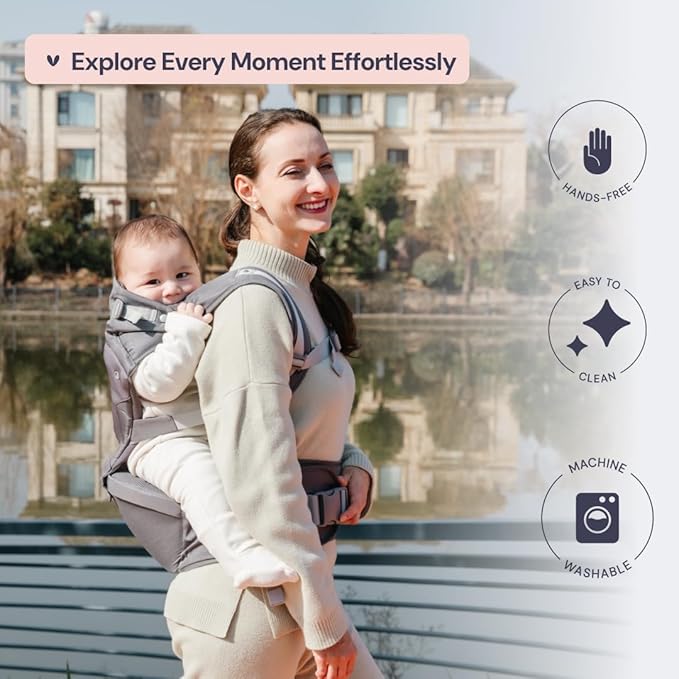 BabbleRoo Grow Carrier – Safety-Certified 6-in-1 Baby Carrier with Hip Seat, Ergonomic & Adjustable Toddler Carrier 7-50 lbs with Hip Support, Hood for Sun Protection, Newborn to Toddler, Gray