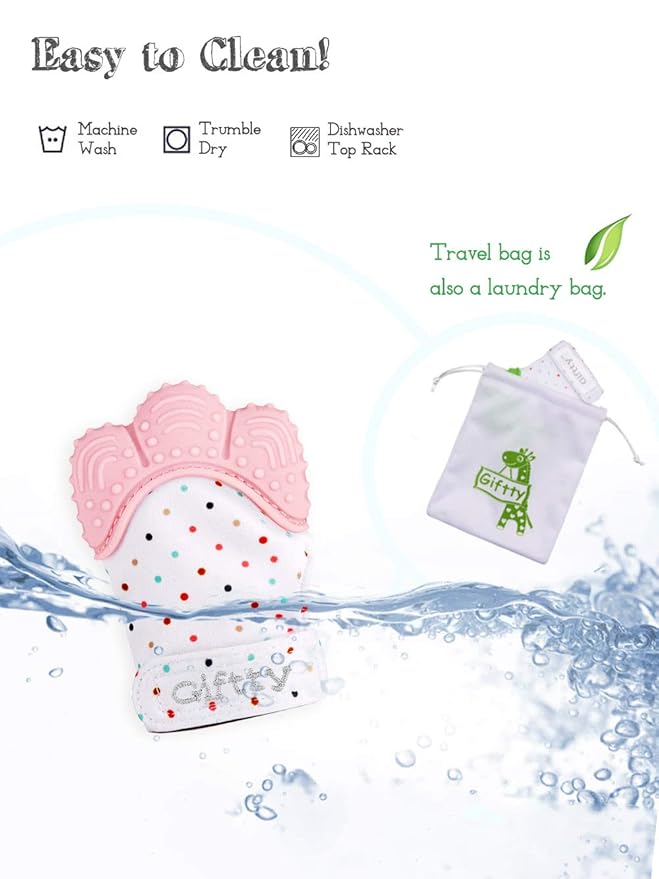 Giftty Baby Teething Mitten, Self-Soothing Teether Glove, Pain Relief Silicone Mitt, Double Breathable, Stay on Baby's Hand, Unisex for Babies 3-12 Months(2 Pink Mittens)