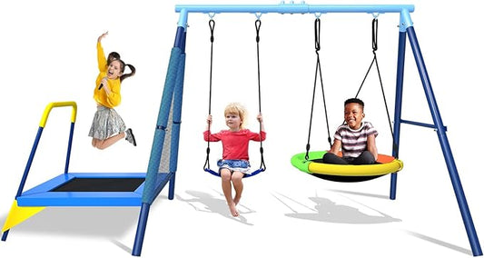 440lbs Kids Swing Set, 3-in-1 Outdoor Playground with Saucer Swing, Belt Seat & 4ft Trampoline, Heavy Duty A-Frame Metal Stand & Safety Stakes, Backyard Playset for Toddlers 3-8 Years Old