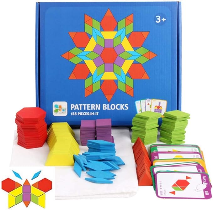 JCREN Wooden Pattern Blocks Montessori Toys Shape Puzzles Kindergarten Classic Educational Tangram Geometric Brain Teaser Toys Best STEM for Kids Ages 4-8 with 24 Pcs Design Cards