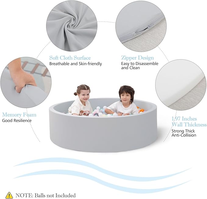 Foam Ball Pit, 35.4"x 11.8" Ball Pits for Toddlers, Soft Round Kiddie Baby Playpen Ball Pool for Kids, Ideal Gift for Babies Indoor and Outdoor Game, Grey, (Balls not Included)