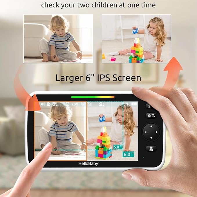 HelloBaby Baby Monitor 2 Cameras, 6'' World First IPS Split-Screen 30H Battery, No WiFi 2-Way Audio, Video, VOX, Double Cameras Pan-Tilt-Zoom, Night Vision, 8 Lullabies, 1000ft for Twins