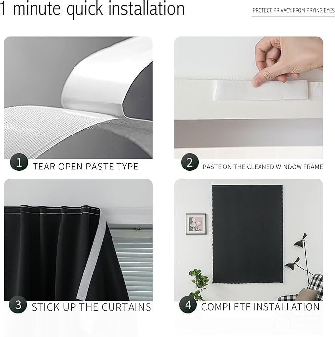 Adhesive Blackout Curtains- Self Stick Shades Window Blinds Curtains No Rod Needed Easy to Hang Curtains, Use for Bedroom, Living Room, Dining Room, Kitchen, Home Office, 59"W X 84"L, Black, 1 Panel