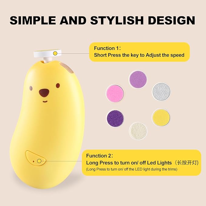 Baby Nail File Electric, Gentle Rechargeable Nail Trimmer, Baby Nail Clippers Grooming Kit Manicure Set for Infant Toddler or Adults, 6 Grinding Head Replacement Pads Yellow