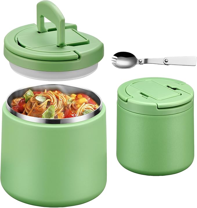 20oz Insulated Vacuum Food Jar with Buckle Lid,Soup Thermo for Hot Food Kids,Wide Mouth Leakproof Stainless Steel Lunch Container with Spoon-Green