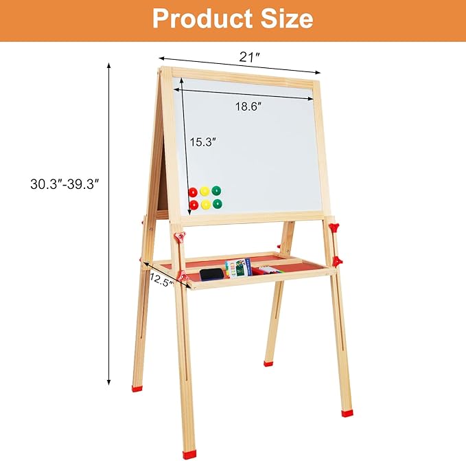 Adjustable Wooden Easel for Kids, Foldable Standing Art Easel for 3, 4, 5, 6, 7, 8 Years Old with Accessories, Drawing Painting Gifts for Boys & Girls Toddlers, Great Presents for Birthday