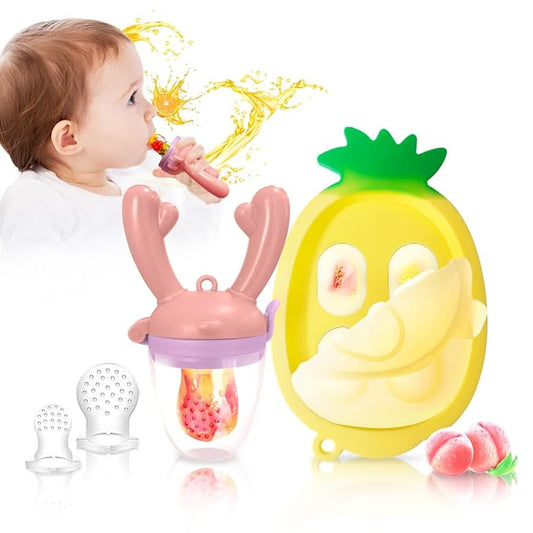 Baby Fruit Food Feeder - Silicone Nibble Tray Combo - Breastmilk Popsicle Mold for Cooling Relief, BPA Free Mesh Feeder for Infant Self Feeding (Antler Pink + Pineapple)