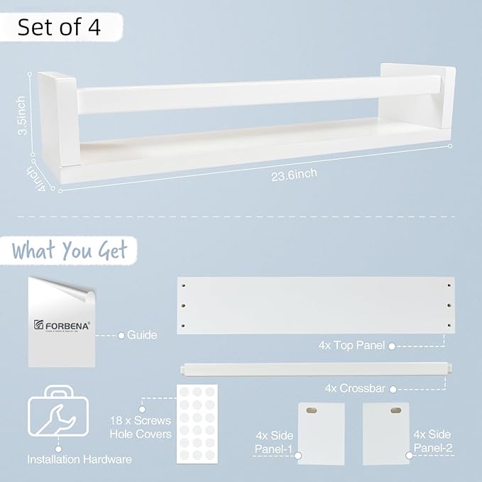 Forbena 24 Inch Wall Bookshelf for Kids Bedroom Set of 4, White Floating Nursery Book Shelves for Baby Toddler Children Girls Boys Room Decor, Large Wood Wall Mount Bookshelves and Toy Storage