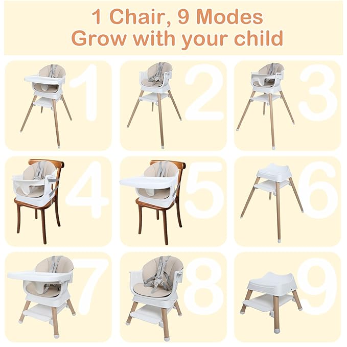 9 in 1 Convertible Baby High Chair with Booster, Wooden Highchair for Babies and Toddlers with Adjustable Tray & 5-Point Harness, Multi-Functional Growing Seat for Feeding, Learning & Play, Beige