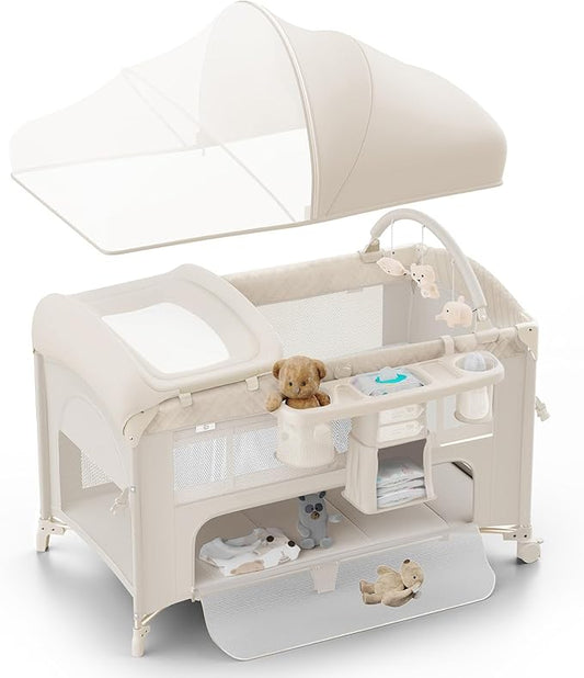 4 in 1 Baby Bassinet, Pack and Play, Bedside Crib Sleeper, Diaper Changer - Comes with Mattress, Mosquito Net，Bottom Storage and Toy Bar for Newborn to Toddles