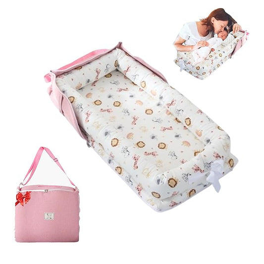 Baby Lounger for Tummy Time Portable,Baby Play mat with Strap,Newborn Lounger Inner Zipper for Boys Girls 0-24 Months,Animal World Pink