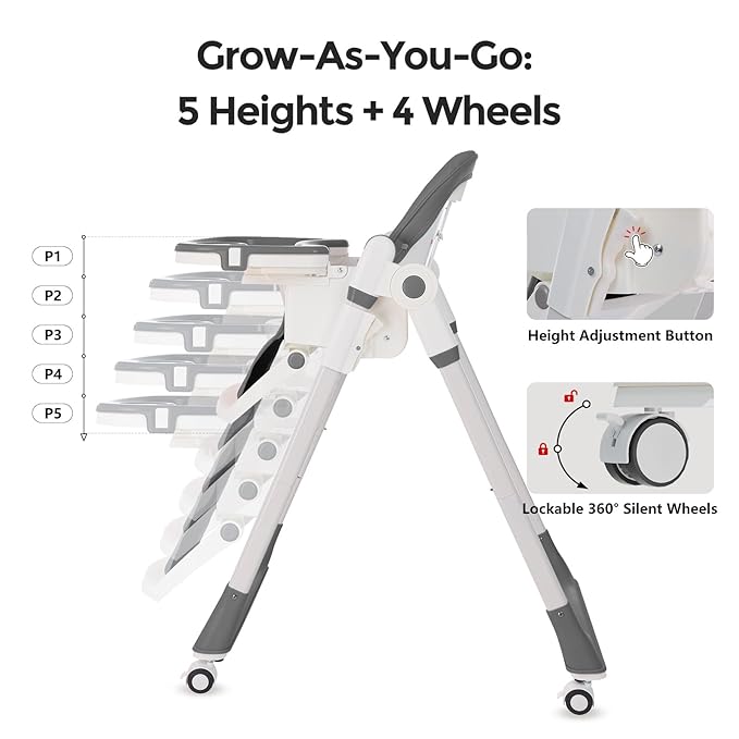 3-in-1 Foldable High Chair for Babies & Toddlers – Adjustable Height, Reclining Seat, 5-Point Safety Harness, Removable Tray, Lockable Wheels, Washable Cushion – Portable & Easy Clean, Grey
