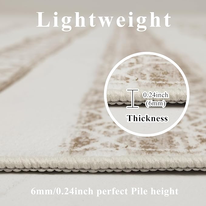 9x12 Area Rug Living Room Rugs, Boho Stain Resistant Washable Rug, Vintage Large Non-Slip Backing, Low Pile Lightweight Print Rug for Bedroom Dinning Room Home Office (Beige)