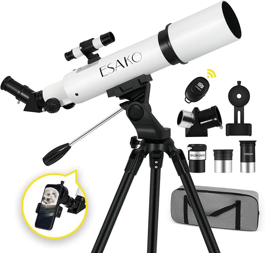 ESAKO Telescope for Adults & Kids, Astronomical Portable 80mm Aperture Beginners Telescope with Phone Adapter, Wireless Remote & Carry Bag