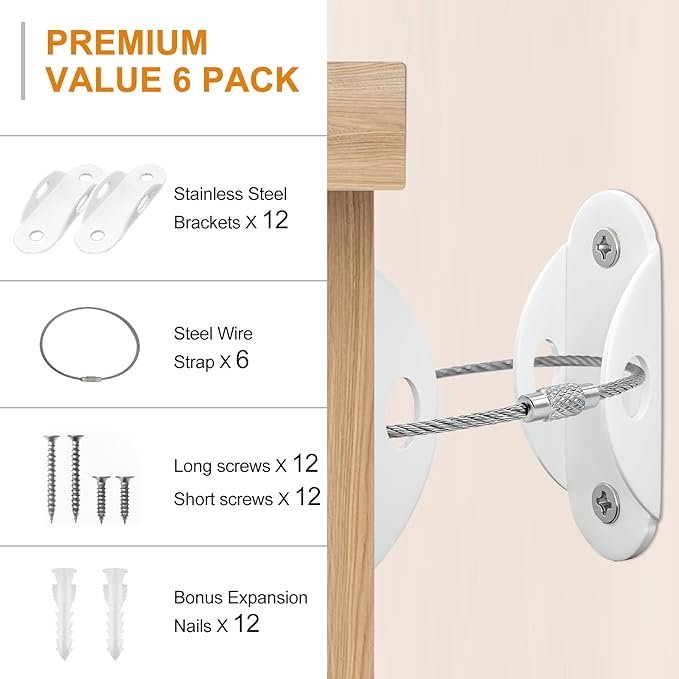Furniture Anchors (6 Pack) for Baby Proofing, Anti Tip Furniture Anchor Securing 420lbs Tension Earthquake Resistant Metal Furniture Wall Anchor Prevent Baby Pet from Falling Furniture