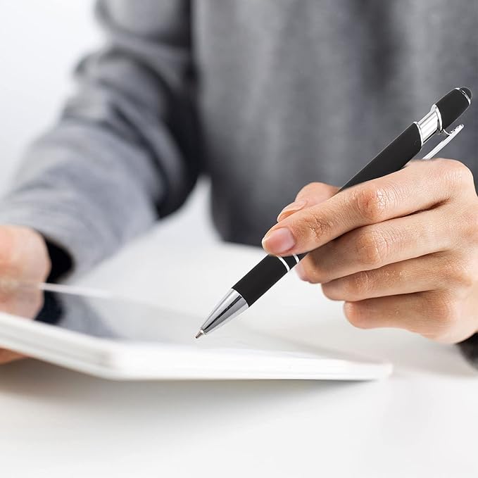 8 Pieces Ballpoint Pen with Stylus Tip Black Ink 2 in 1 Stylus Metal 1.0 mm Medium Point Smooth Pen Rainbow Colorful Rubberized Ballpoint for Touch Screen Tablet(Black)