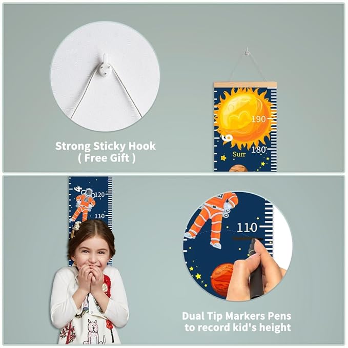 Baby Height Growth Chart - Canvas Height Chart for Kids Baby Child Toddler Boys Girls Growth Chart for Wall Room Nursery Decor Hangable and Removable Measuring Wall Ruler (Moon Rabbit, Black Wood)