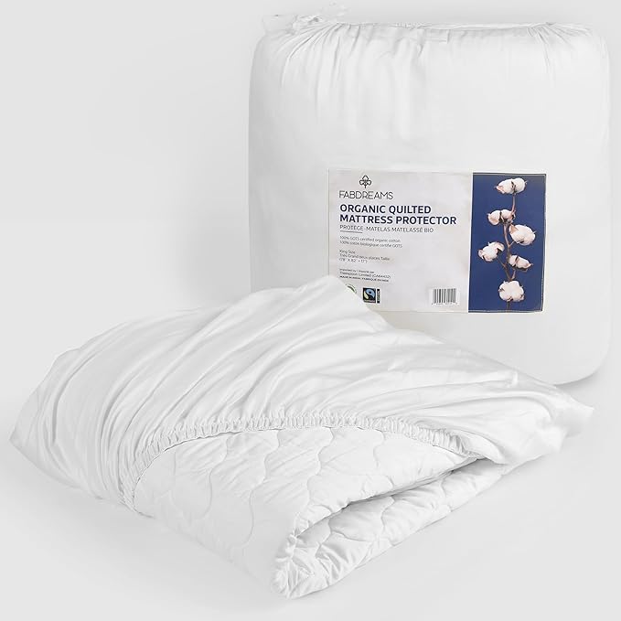 FABDREAMS Organic Quilted Mattress Protector | King Mattress Pad| Mattress Cover| Naturally Breathable | Noiseless| Fits up to 17" Deep Pockets| Temperature Regulating | King | White