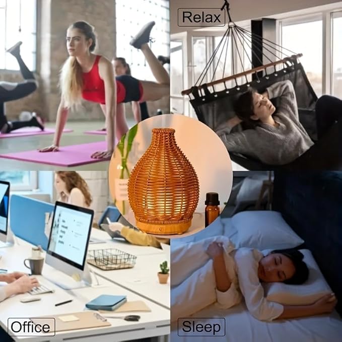 Aromatherapy Essential Oil Diffuser Rattan Woven Aroma Diffuser with Warm Light 80ML Cool Mist Humidifier Waterless Auto Shut-off for Home,Baby Bedroom,Office