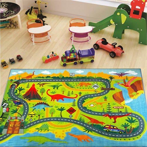KC Cubs 3x5 Dinosaur Toy Car Dino Road Rug – Educational Play Mat Carpet for Kids, Toddlers, Nursery, Classroom, Playroom, Baby Daycare, Boys & Girls