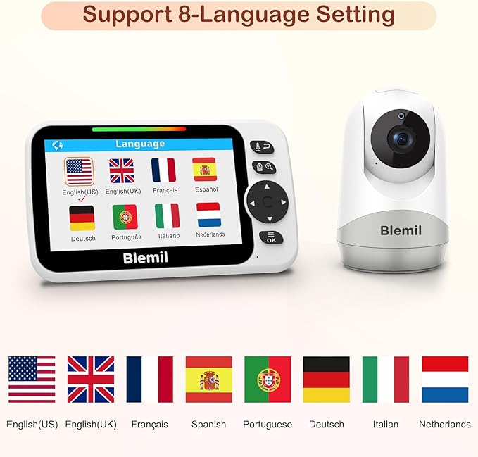 Baby Monitor with 30-Hour Battery, 5" Large Split-Screen Video Baby Monitor with Camera and Audio, 3500mAh Battery, Remote Pan/Tilt/Zoom Camera, Two-Way Talk, Night Vision, Lullabies, No WiFi