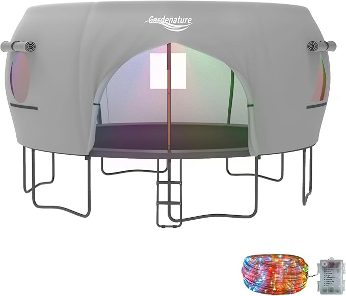 Gardenature 10FT/12FT/14FT Trampoline Tent(Tent Only), Fit Round Trampolines, Shade Cover with LED Light, Outdoor Trampolien Accessories, Anti-Tear, Beige