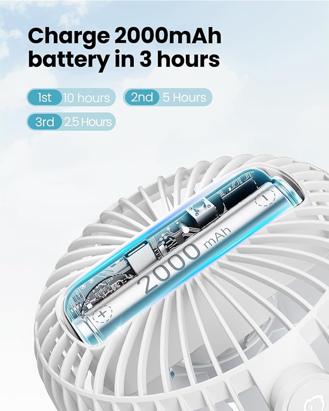 Gaiatop Mini Portable Stroller Fan, Battery Operated Small Clip on, Detachable 3 Speed Rechargeable, 360° Rotate Flexible Tripod Better Cooling for Car Seat Crib Treadmill Travel White