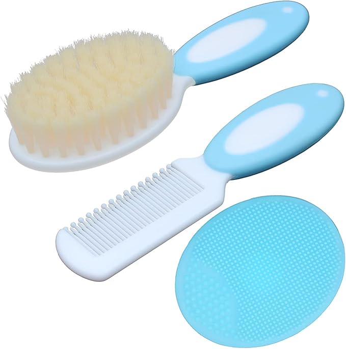 Baby Hair Brush &Silicone Baby Cradle Cap Brush Set, for Newborns & Toddlers-Natural Soft Goat Bristles-Ideal for Cradle Cap-Perfect Baby Registry Gift (Blue)