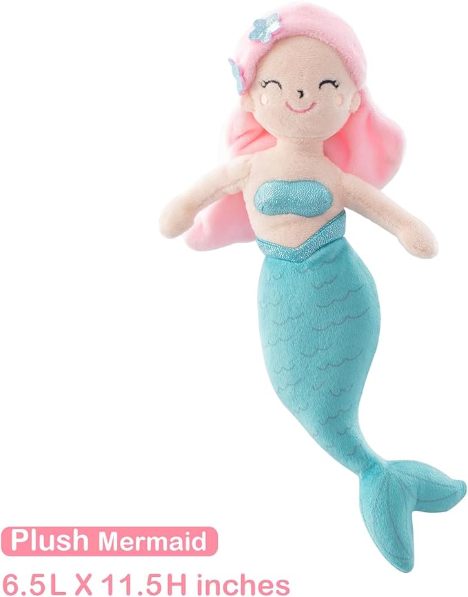 4 Piece Crib Bedding Set for Boys Girls, Infant Toddler Nursery Baby Bedding Sets Includes Cartoon Quilt, Fitted Crib Sheet, Crib Skirt and Plush Mermaid Toy