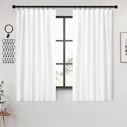 ANRODUO Back Tab Blackout Curtains for Bedroom Living Room, Rod Pocket Pinch Pleated Thermal Insulated Room Darkening Curtains 54 Inches Long 2 Panels, White, 42 x 54 Inch