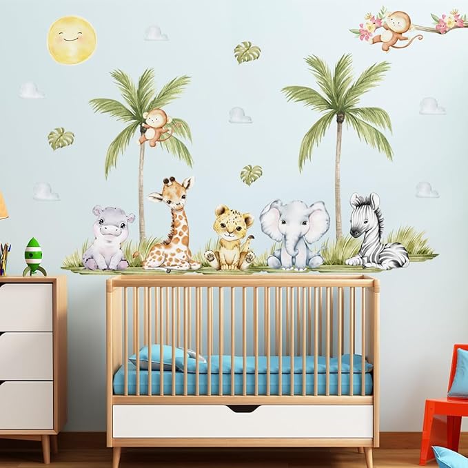 56.29 x 44.88 Inch Watercolor Animal Wall Decals - Jungle Stickers With Tiger, Elephant, Zebra, Giraffe, Monkey, Hippo for Baby Nursery, Bedroom, Classroom, Kindergarten Decor