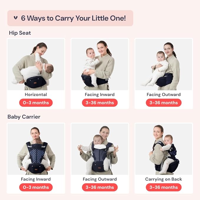 BabbleRoo Grow Carrier – Safety-Certified 6-in-1 Baby Carrier with Hip Seat, Ergonomic & Adjustable Toddler Carrier 7-50 lbs with Hip Support, Hood for Sun Protection, Newborn to Toddler, Navy Hearts