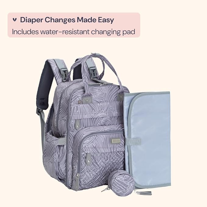 BabbleRoo Diaper Bag Backpack - Baby Essentials, Travel Essentials Baby Bag with Changing Pad, Stroller Straps & Pacifier Case - Unisex, Gray Swirls