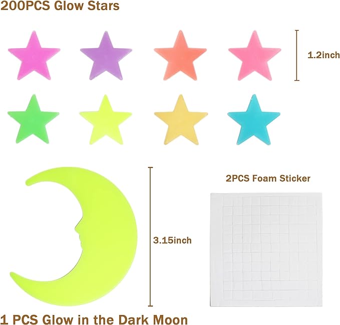 Glow in The Dark Stars and Moon Stickers for Ceiling - 200pcs 3D Luminous Adhesive Stars Create Realistic Starry Sky - Room Decor for Kids Bedroom, Wall Stickers