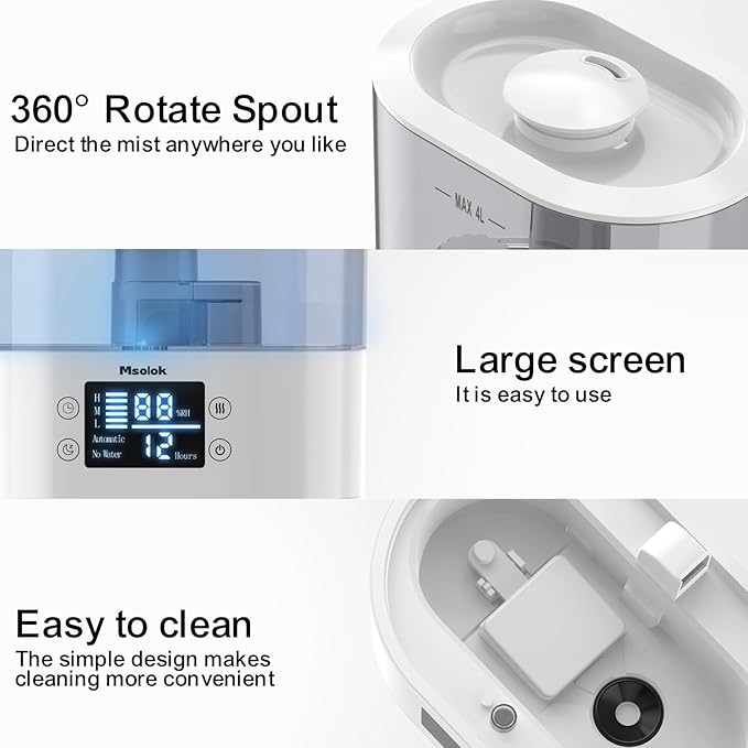 Humidifiers for Bedroom and Home & Baby - 4L Cool Mist Air Humidifiers for Plants, 26db Quiet Top Fill Air Humidifier Lasts Up to 40 Hours, Auto Shut-Off, Super Easy to Fill and Clean