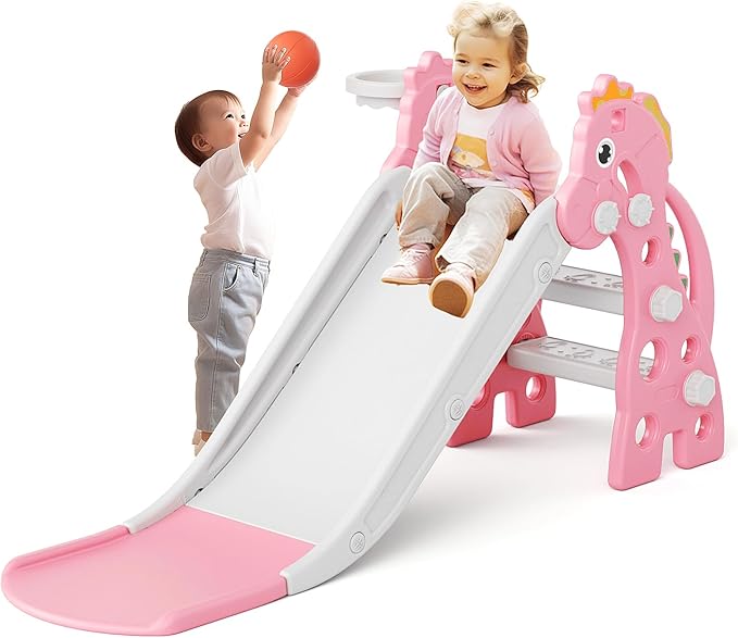 67i Toddler Slide for Indoor & Outdoor Play with Basketball Hoop, Anti-Slip Steps, 46.8in Baby Climber (Pink)